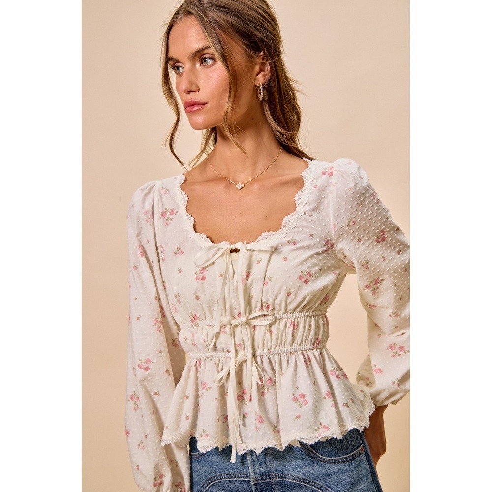 SO ME Floral Clip Dot Lace Trim Ruched Bodice Blouse - White - Medium - Picture 12 of 16